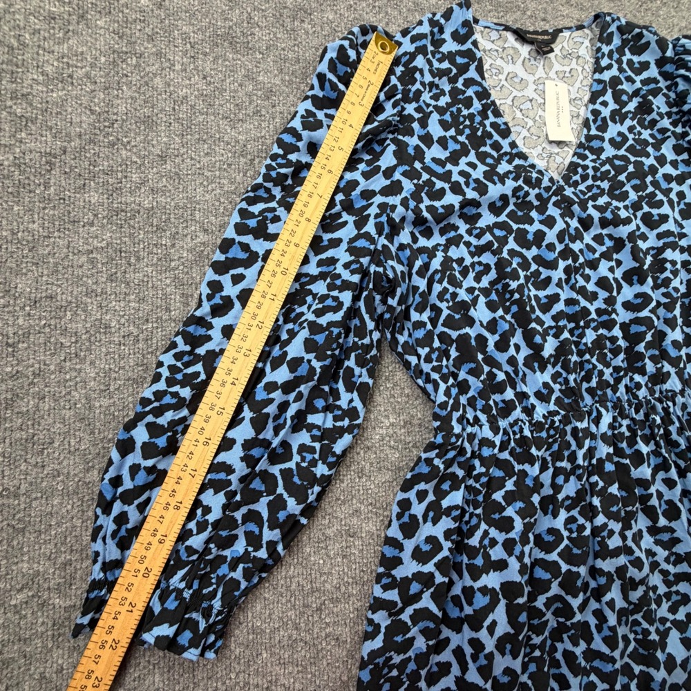 Banana Republic Blue Leopard Print Viscose V-Neck Midi Dress Puff Sleeve L NWT - Picture 8 of 10